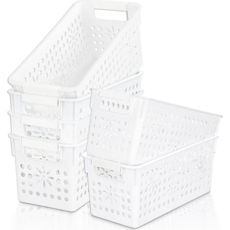 Lot de 6 boîtes de rangement en plastique avec poignée, paniers de rangement avec trou, panier de rangement ouvert pour la maison, la cuisine, le bureau, blanc, 29 x 13,5 x 12,5 cm (1/5)