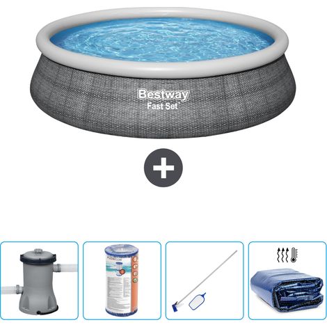 Piscine gonflable ronde Bestway à réglage rapide - Imprimé rotin - 457 x 84 cm - Comprend des Accessoires CB57 (1/4)