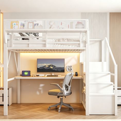 Cama alta con escritorio de metal 140x200 blanca OKMYHOME (1/5)