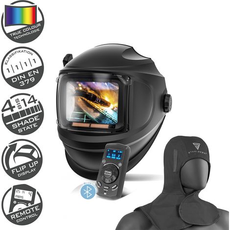 STAHLWERK Automatik-Schweißhelm MASTER 3-in-1 im Set mit Schweißhaube – True-Colour-Echtfarbwiedergabe, Jobspeicher, Fernbedienung, automatische Abdunkelung DIN 4 - DIN 14, optische Klasse 1/1/1/1