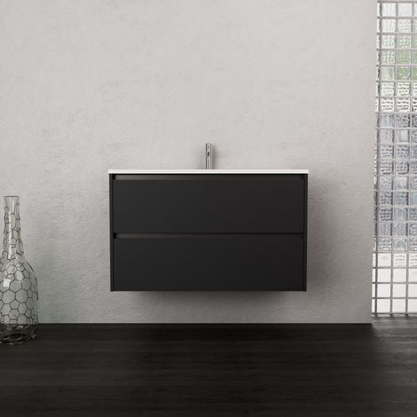 Inda - Badezimmerschrank 2 Schubladen B.100 mit mattiertem Waschbecken / Mattschwarz - Smeraldo