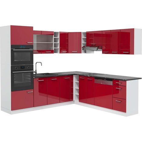 Eckküche R-Line, Rot Hochglanz/Weiß, 247 x 237 cm, AP Anthrazit, Vicco