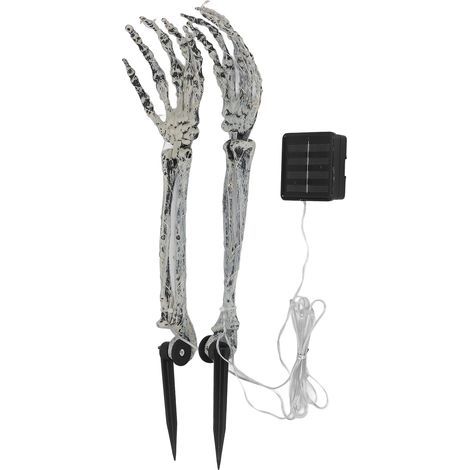 paire de piquets en forme de bras de squelette, guirlande lumineuse LED solaire en fil de cuivre, mains effrayantes pour décorations d'Halloween lumineuses (1/5)