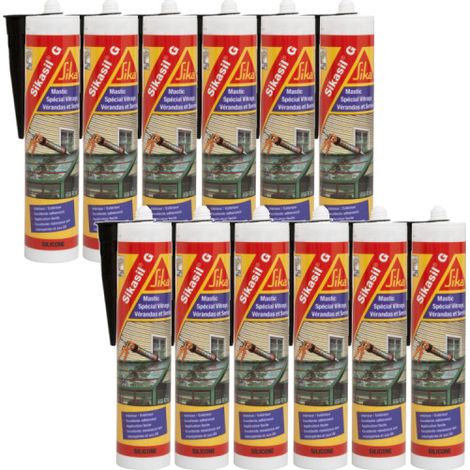 Lot de 12 mastics élastique silicone - SIKA Sikasil G - Noir - 300ml