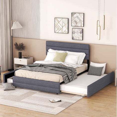 Doppelbett 140x200 cm Mit Ausziehbett Und 2 Schubladen, Grauer Stoff (1/5)