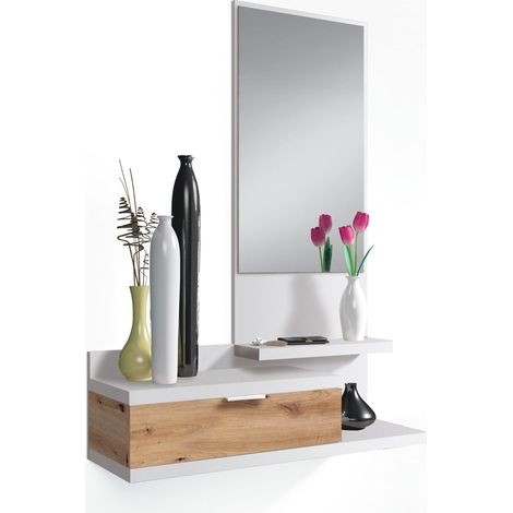 Mobile Ingresso Con Cassetto Specchio E Mensola Design Moderno Salvaspazio Ideale Per Ingresso Soggiorno Con Stile E Funzionalità 81 x 116 x 29 Cm Bianco E Rovere