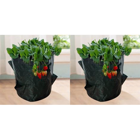 Erdbeer-Pflanzsäcke, 2 Stück 18 l/5 Gallonen Gemüsesäcke, Pflanzsack aus Vliesstoff mit Sichtfenster, Garten-Gemüsesack (23 x 28 cm (4 Öffnungen))