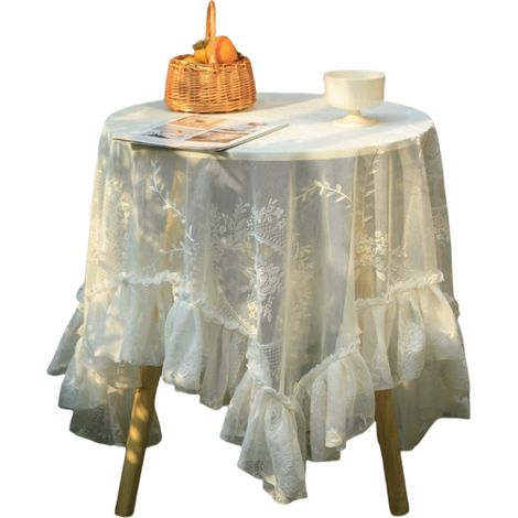 Nappe vintage à volants pour tables rondes, nappe décorative en coton blanc à dentelle brodée style campagne, pour salle à manger, mariage, banquet, Thanksgiving, Noël. Diamètre 120x160 cm (1/4)