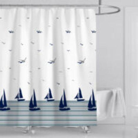 Duschvorhang mit nautischem Meeresmotiv in Blau, aus Polyestergewebe, schimmelresistent, wasserdicht, waschbar, 180 x 180 cm, inklusive 12 Haken für die Badewanne