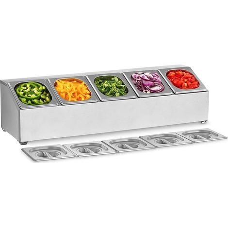Etagère à épices, support d'organisation en acier inoxydable avec cinq casseroles 1/6, conteneurs de stockage, pots à condiments, plateaux de restauration en métal pour hôtels, restaurants et buffets. (1/5)