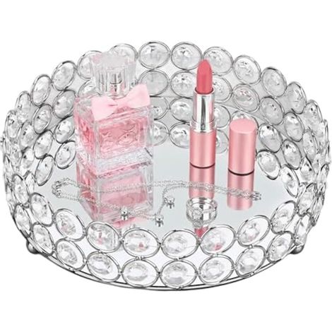 Plateau cosmétique de 20 cm avec miroir en verre, présentoir rond argenté à structure soudée, plateau décoratif pour bijoux, aliments et parfums. (1/5)