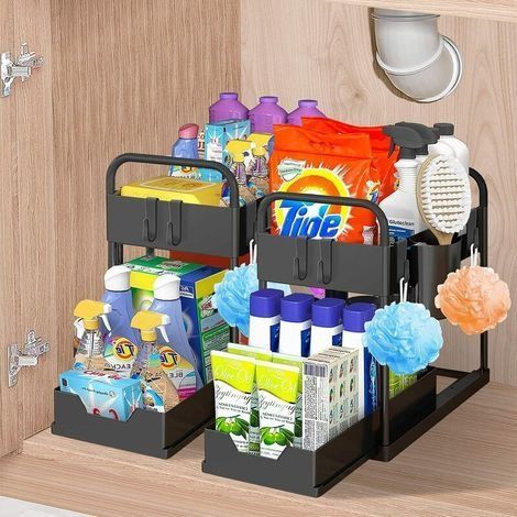 Étagère sous évier 2 niveaux – Organisateur avec 4 crochets – Tiroir coulissant – Matériau plastique ABS et fer forgé – Pour cuisines et salles de bains (1/5)