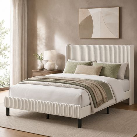 Etagenbett 140/200 cm in Cord Beige/Creme mit Kanal-Kopfteil, Flügelseiten und Metallrahmen (1/5)