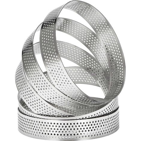 10 cercles à tartelettes ronds perforés en acier inoxydable pour tartes aux fruits, quiches, gâteaux et mousses. Moule de cuisine et pâtisserie. (1/5)