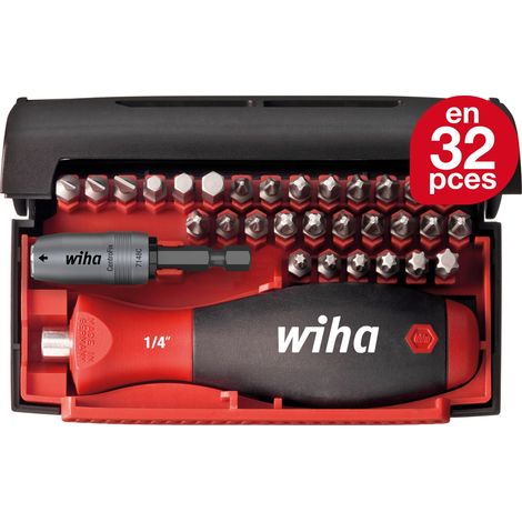 Wiha Jeu d’embouts Collector 32 pièces avec boîte I Porte-embout magnétique I Tournevis multi-embouts I Standard 25 mm mélangé 1/4" C6,3 (34686) (1/5)