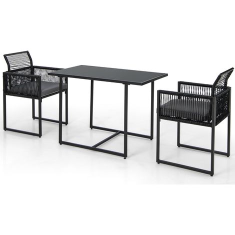 Conjunto de 3 mesas y sillas juego de comedor 108 x 60 x 72 cm cómodo y que ahorra espacio diseño moderno en ratán PE negro 200019441