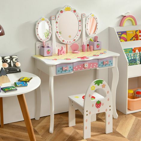 COSTWAY Kids Vanity Makeup Dressing Table & Chair Set W/Tri-fold Mirror &Drawers (1/5)