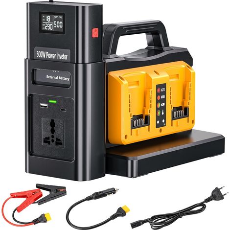 Onduleur 2 en 1 pour batterie 18 V, convertisseur de tension 500 W, 4 ports DC 18 V vers AC 230 V, onduleur sinusoïdal pur, convertisseur de courant pour camping, camping-car (batterie non (1/5)