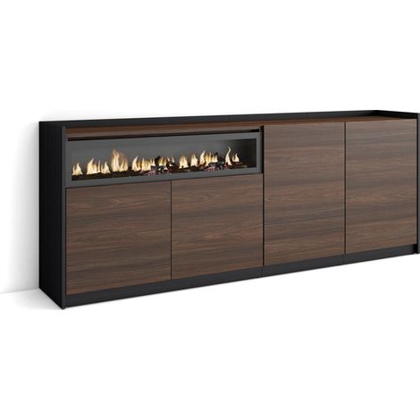 Skraut Home - Aparadores para salón, 207x37x80cm, 4 Puertas, Chimenea eléctrica, Roble oscuro y Negro (1/5)