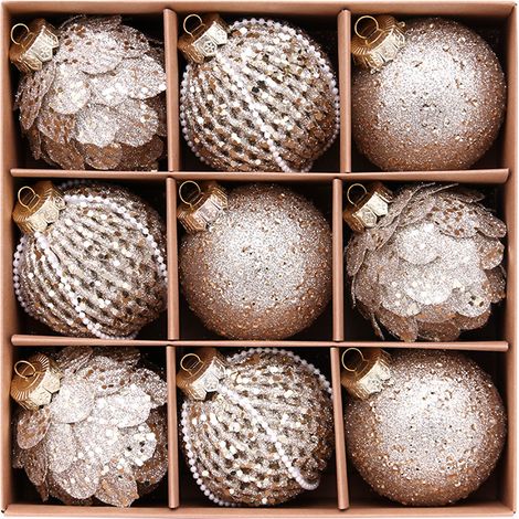 Juego de 9 adornos navideños (8 cm), color oro champán, base de espuma con lentejuelas y purpurina, adornos colgantes para el árbol de Navidad. (1/5)