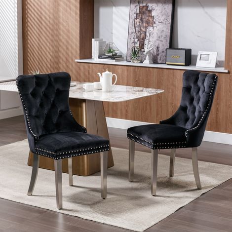 Chaises salle à manger contemporaines haut de gamme en bois massif capitonné velours, pieds acier chromé, lot de 2 noir 62x50x95cm (1/5)