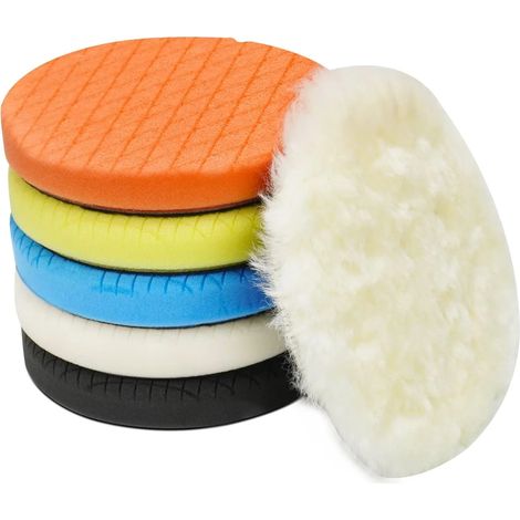 Juego de 6 almohadillas de pulido de 140 mm (5,6 pulgadas) para plato de soporte de 127 mm (5 pulgadas), incluye una esponja y almohadillas de lana. Ideal para pulir y abrillantar automóviles.