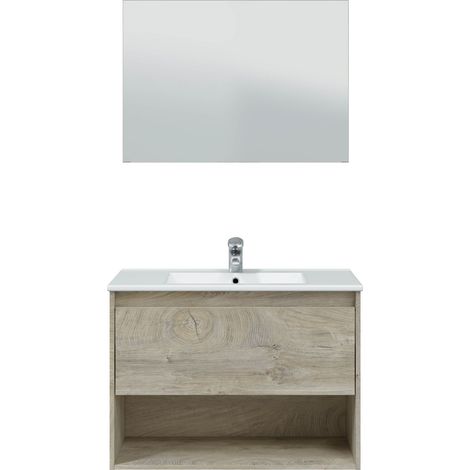 Mobile bagno sospeso 80 cm 1 cassetto e 1 vano rovere con specchio e lavabo ad incasso - Danimarca - 80 cm Con Doppia Colonna e Lampada Led - Misura: 80 cm - Accessorio: Standard