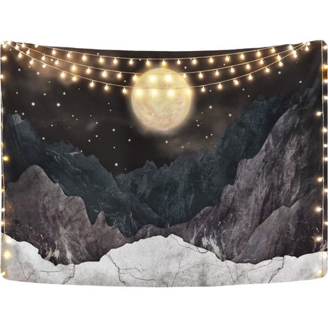 Tapisserie Montagne Lune Étoiles - Polyester 150 x 200 cm ou 100 x 150 cm - Décoration Murale ou Couverture Multifonction - 1 Pièce (1/5)