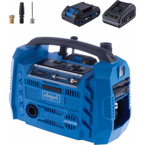 [JAMAIS UTILISE] Scheppach Compresseur Air force 6 - Compresseur hybride - Pressopn 10,3 bar - Débit d'air de la soufflante 380 l/min - LED - Accessoires + batterie et chargeur inclus (1/4)