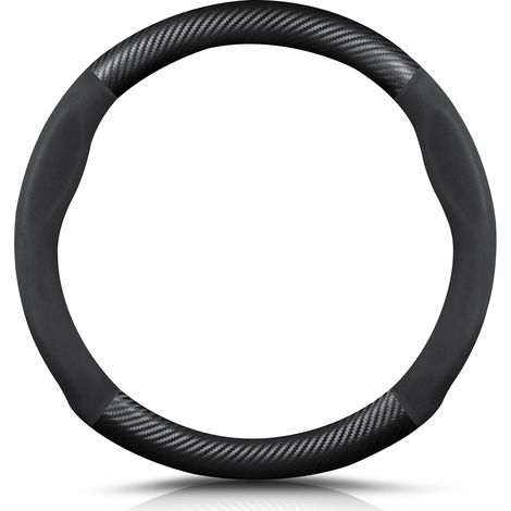 Round Shape Carbon Fibre & Microfibre PU Leather Steering Wheel Cover Non-Slip Car Steering Wheel Cover Breathable Sport Car Steering Wheel Cover for Diameter 38 cm (15 Inches) - Black (1/5)