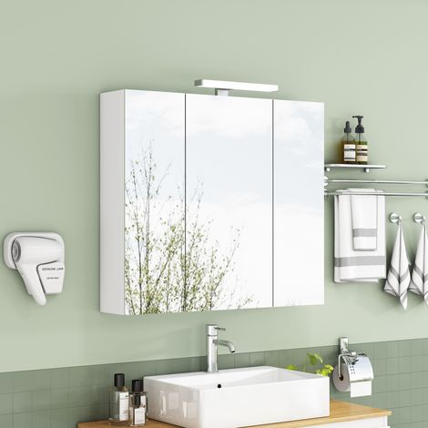 Mobile specchio da bagno sospeso 80 cm, 3 ante, LED e presa francese, bianco OKMYHOME (1/5)