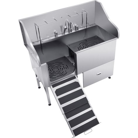 Mophorn Hundewaschstation aus Edelstahl, 1550x790x1470 mm Tierpflegewanne mit Rampe, Filterplatte, Wasserhahn, Duschkopf und Leine, geeignet für Haustiere jeder Größe (linke Tür)