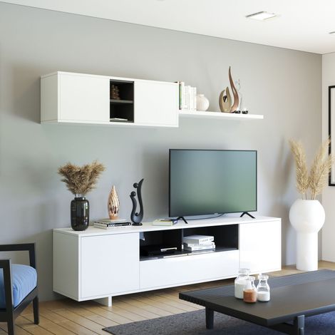 Parete Attrezzata Mobile Swiss Mobile Soggiorno TV con Mensola e Modulo Sospeso Salotto Legno Base Televisione Sala da Pranzo Design Moderno 200 x 41 x 46 cm Colore Bianco (1/5)