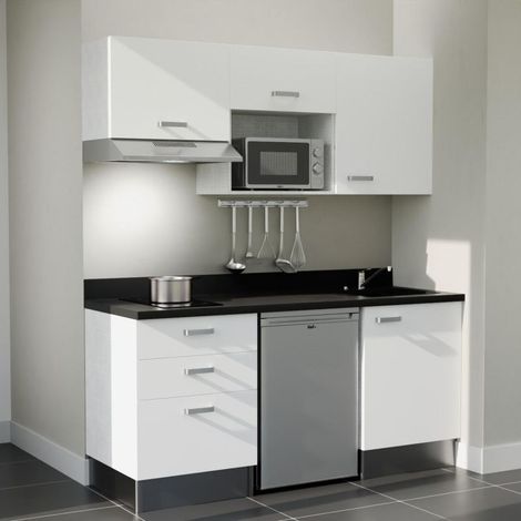 Kochnischen K20L - 180 cm - weiß - Nero - Spüle rechts + Haushaltsgeräte Edelstahl