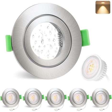 Spot led encastrable 230V 2700K 5W IP65 Spots Salle de bain 68mm Trou Spots de plafond Rond plat Spot encastrable pour salle de bain salon, Nickel brossé, Lot de 6, Non dimmable