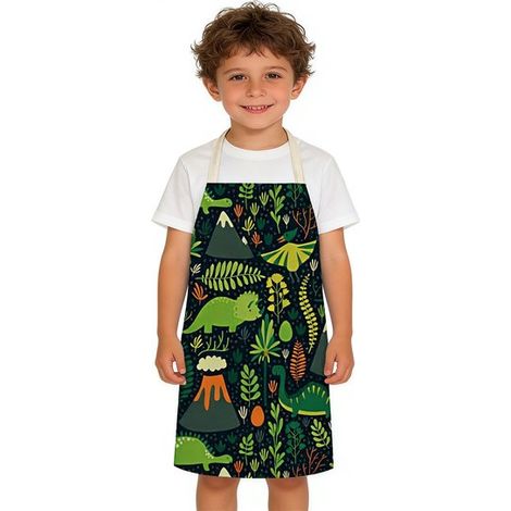 Grembiule per bambini con motivo di dinosauri in stile cartone animato, ideale per dipingere e cucinare in cucina. Consigliato per bambini e bambine. (1/5)