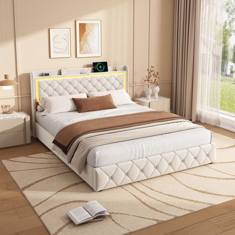 Polsterbett 140x190 cm mit Schubladen, USB/Type-C-Ladestation, RGB-LED und Kopfteil mit Ablage, modern, Samt, Beige