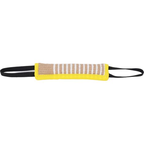 Coussin à mordre pour chien en lin résistant aux déchirures, jouet à tirer interactif pour chiots de taille moyenne à grande, avec poignée réfléchissante et bordure jaune. (1/5)