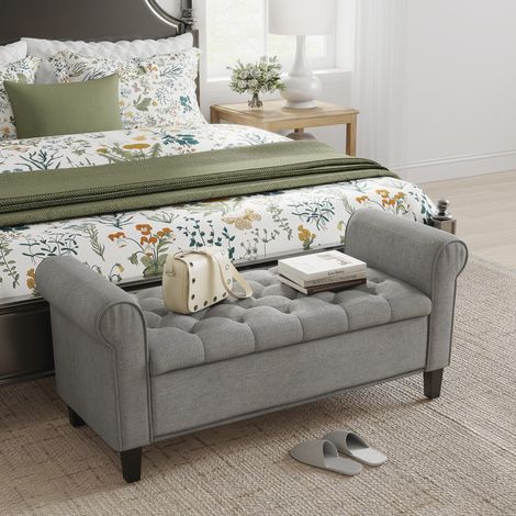 Banc de chevet en tissu effet velours avec rangement et accoudoirs roulés, gris clair (1/5)