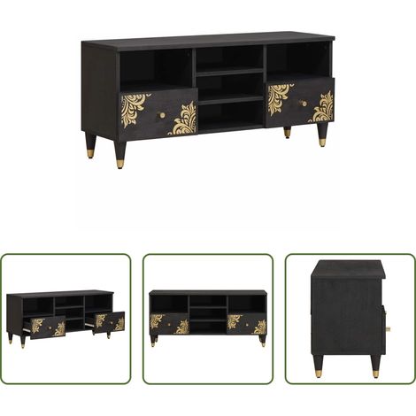 vidaXL Meuble tv doré - Meuble TV Noir 100 x 33 x 46 cm Bois de mangue massif (1/5)