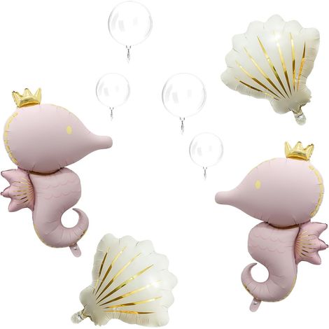 Set of 8 decorative balloons with an underwater theme, including 2 seahorse balloons, 2 seashell balloons, 2 large and 2 small transparent balloons, ideal for a party (1/5)
