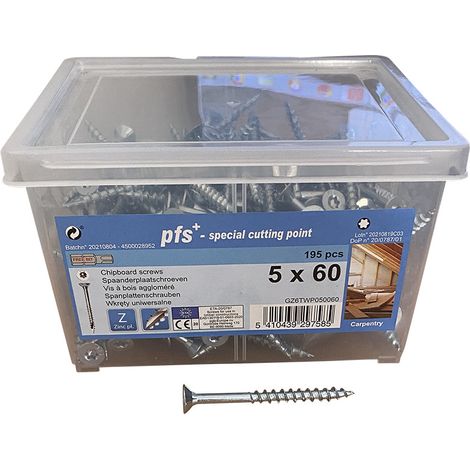 Seau de 195 Vis bois agglo 5X60 Tête fraisée TORX T25 Pointe antifendage type 17 Acier zingué - 1 pièce (1/2)