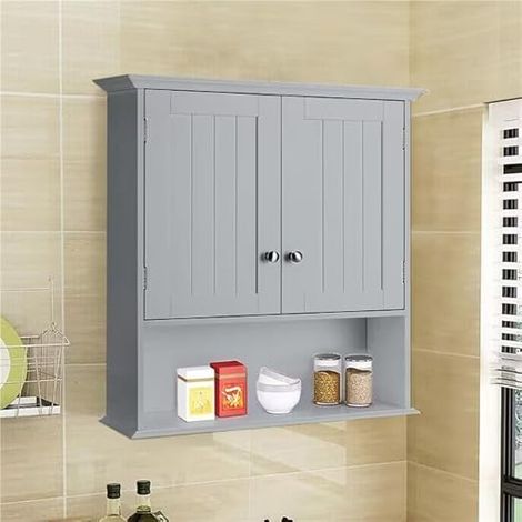 COSTWAY Meuble de Salle de Bain, Armoire Murale avec 2 Portes et 3 Étagères Réglables, Armoire à Pharmacie de Rangement 60x19x71cm en MDF pour Salle de Bain Cuisine Chambre Entrée, Gris (1/5)