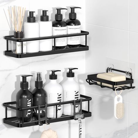 Etagère Douche sans Percage, Rangement et Organisation de la Salle de Bain, Etagere Salle de Bain sans Percage (Noir, 3 Pièces) (1/5)