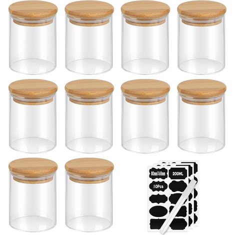Lot de 10 Bocaux en Verre de 200ml, 8.86.56.5cm, Pot à Épice Hermétique avec Couvercle en Bambou, Boîte Rangement Cuisine avec Étiquette, Bocal de Conservation pour Céréales Noix Poudre (1/5)