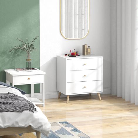 Commode 3 tiroirs Design scandinave Meuble de Rangement Chambre MDF Blanc poignée piètement effilé Bois Massif de pin