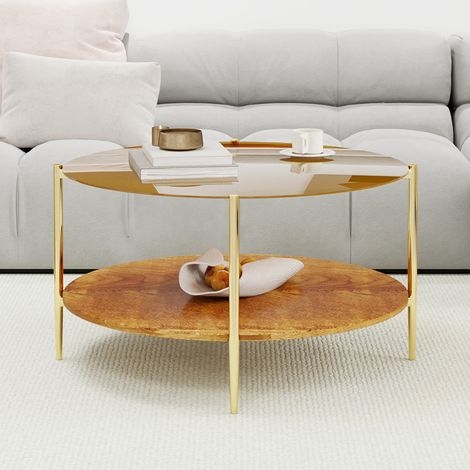 Table basse de salon moderne et minimaliste, avec un plateau rond en verre doré combiné à une couche inférieure en bois, belle et pratique. (1/5)