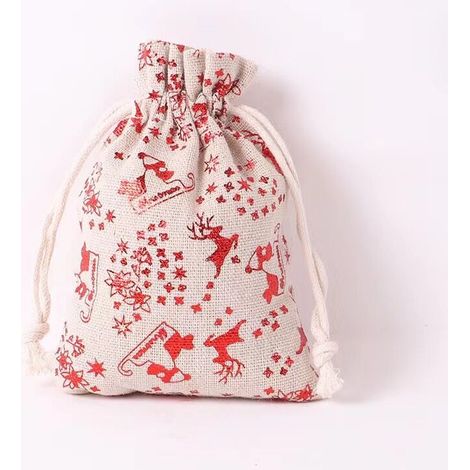 Sac en Lin, 10 Pièces Sac en Toile de Jute Sac à Cordon Imprimé Étoile Sac en Jute pour Cadeau de Noël Sac en Tissu Suspendu Sac Cadeau Traîneau Rouge Père Noël 15 × 20 cm (1/4)