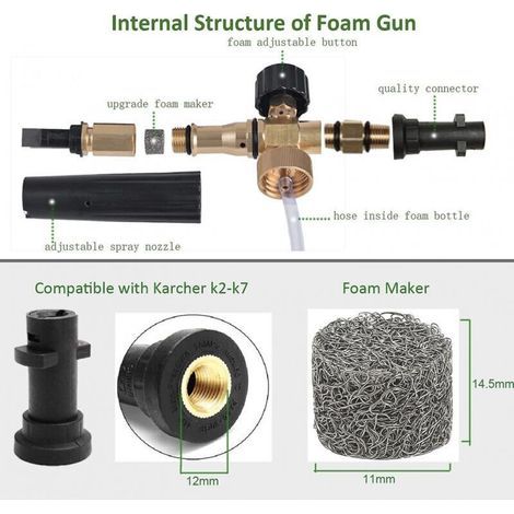 Canon à mousse à lance à mousse compatible avec Krcher K2 K3 K4 K5 K6 K7, pistolet à mousse 1 l avec buse réglable, accessoire pour nettoyeurs haute pression pour le lavage de voiture (1/3)
