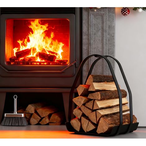 Panier à bûches de cheminée – Porte bûches en métal noir revêtu par poudre avec poignée – 36×35×48 cm – Cadre et base en fer – Livré à plat, assemblage requis (1/5)